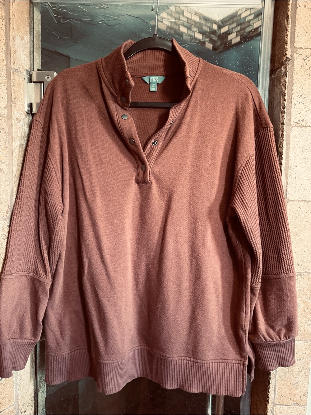 Terra & Sky Warm Brown Snap-Neck Women's Pullover Sweatshirt
